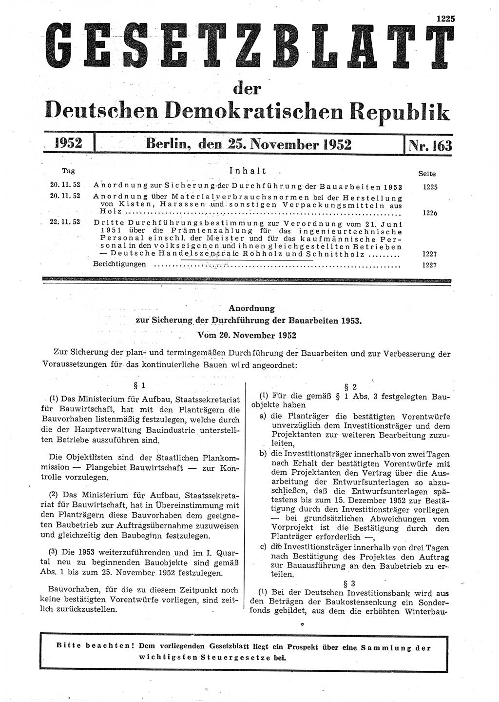 Gesetzblatt (GBl.) der Deutschen Demokratischen Republik (DDR) 1952, Seite 1225 (GBl. DDR 1952, S. 1225)