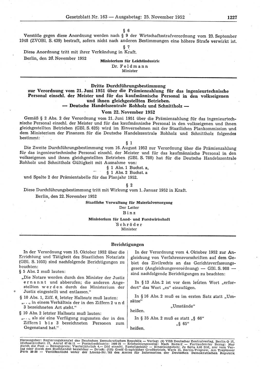 Gesetzblatt (GBl.) der Deutschen Demokratischen Republik (DDR) 1952, Seite 1227 (GBl. DDR 1952, S. 1227)