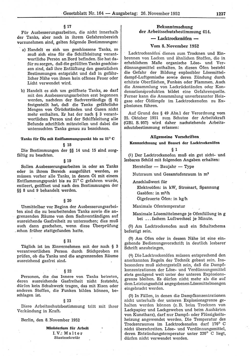 Gesetzblatt (GBl.) der Deutschen Demokratischen Republik (DDR) 1952, Seite 1237 (GBl. DDR 1952, S. 1237)