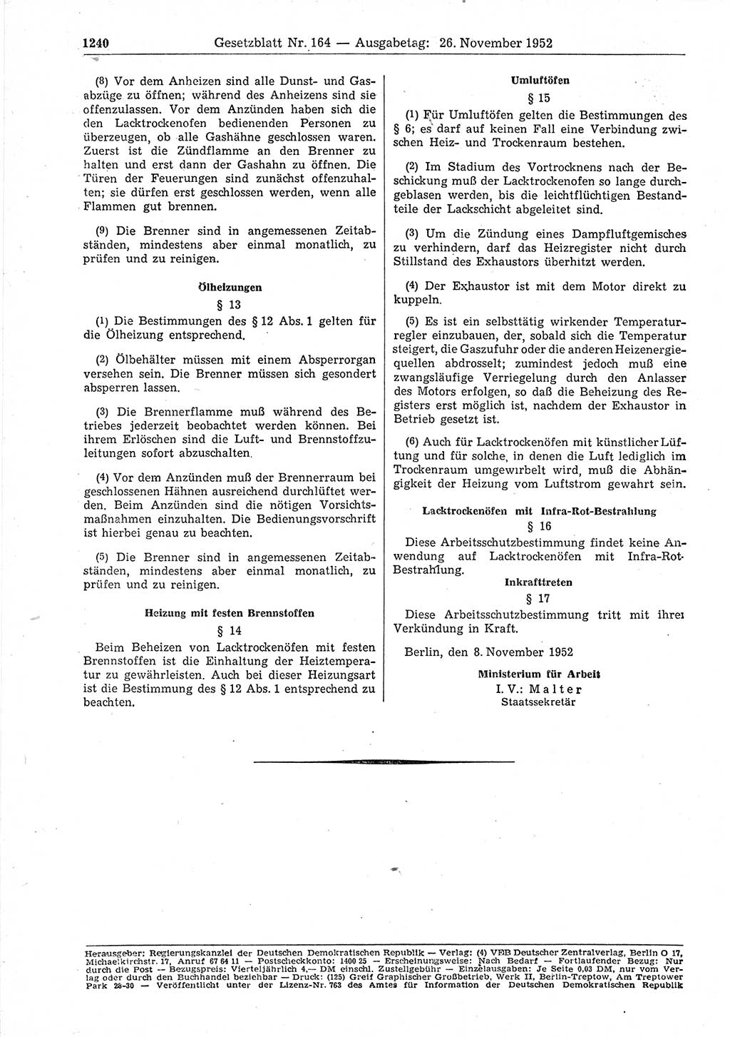 Gesetzblatt (GBl.) der Deutschen Demokratischen Republik (DDR) 1952, Seite 1240 (GBl. DDR 1952, S. 1240)