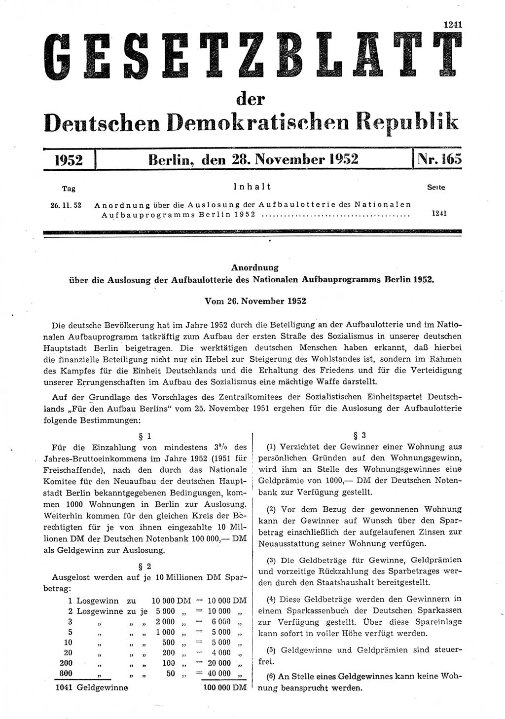 Gesetzblatt (GBl.) der Deutschen Demokratischen Republik (DDR) 1952, Seite 1241 (GBl. DDR 1952, S. 1241)
