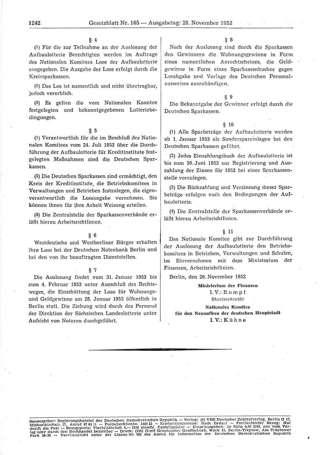 Gesetzblatt (GBl.) der Deutschen Demokratischen Republik (DDR) 1952, Seite 1242 (GBl. DDR 1952, S. 1242)