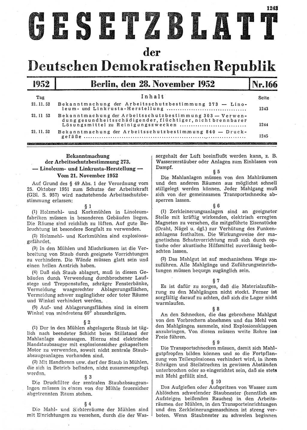 Gesetzblatt (GBl.) der Deutschen Demokratischen Republik (DDR) 1952, Seite 1243 (GBl. DDR 1952, S. 1243)
