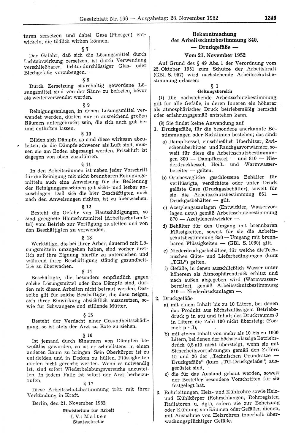 Gesetzblatt (GBl.) der Deutschen Demokratischen Republik (DDR) 1952, Seite 1245 (GBl. DDR 1952, S. 1245)