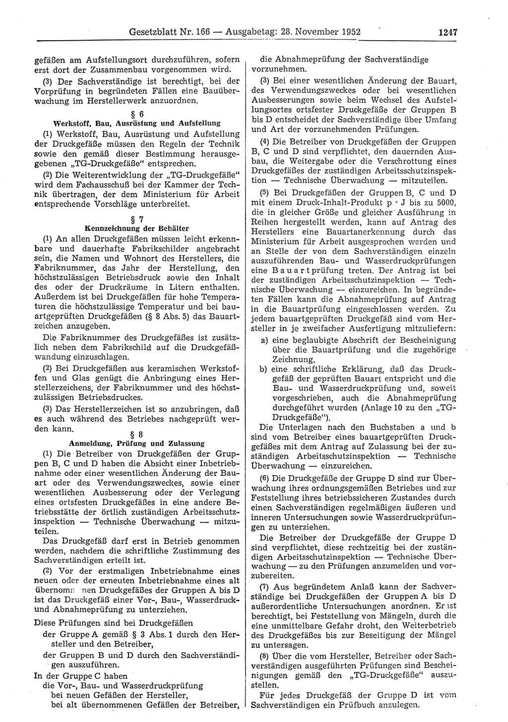 Gesetzblatt (GBl.) der Deutschen Demokratischen Republik (DDR) 1952, Seite 1247 (GBl. DDR 1952, S. 1247)