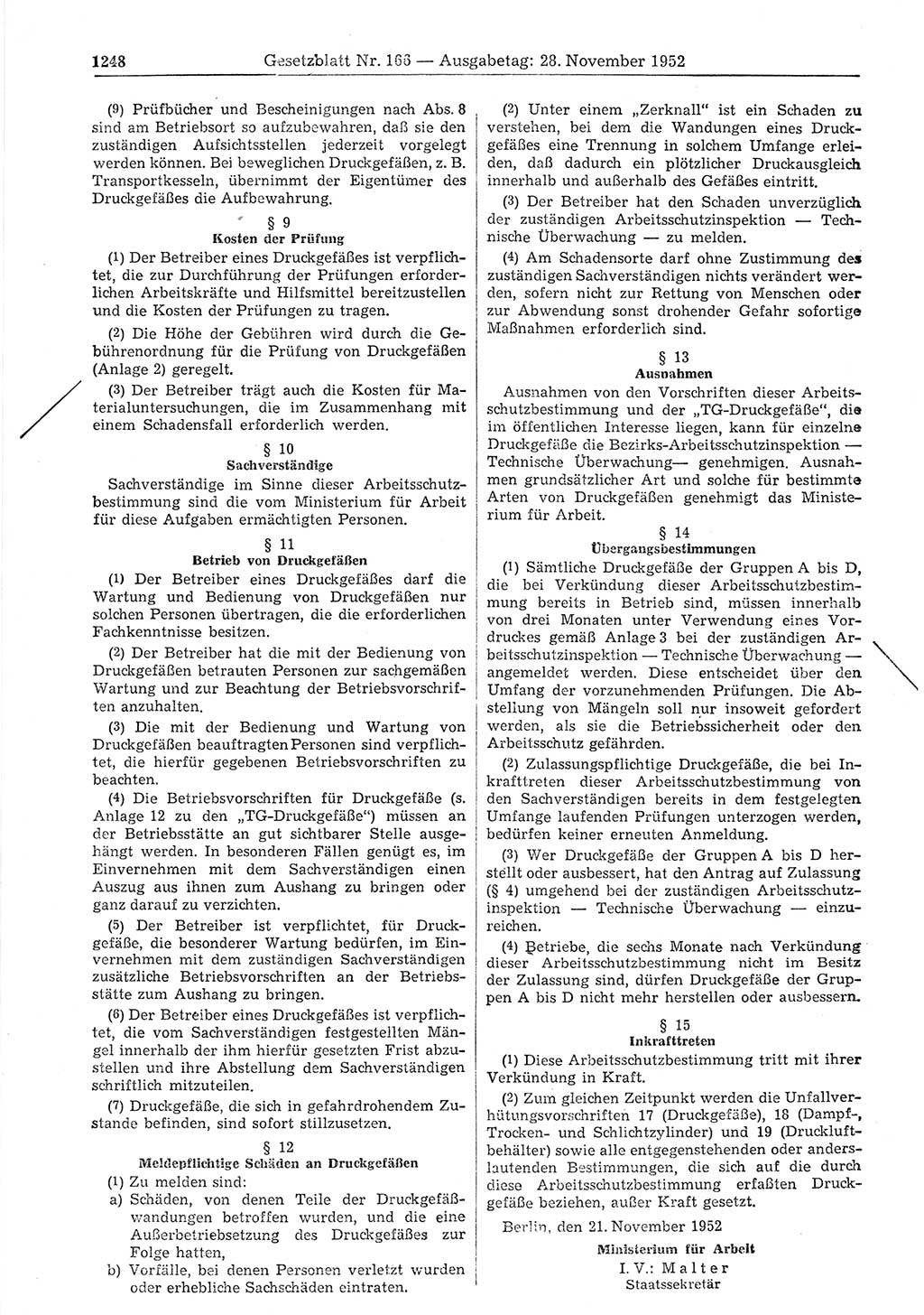 Gesetzblatt (GBl.) der Deutschen Demokratischen Republik (DDR) 1952, Seite 1248 (GBl. DDR 1952, S. 1248)