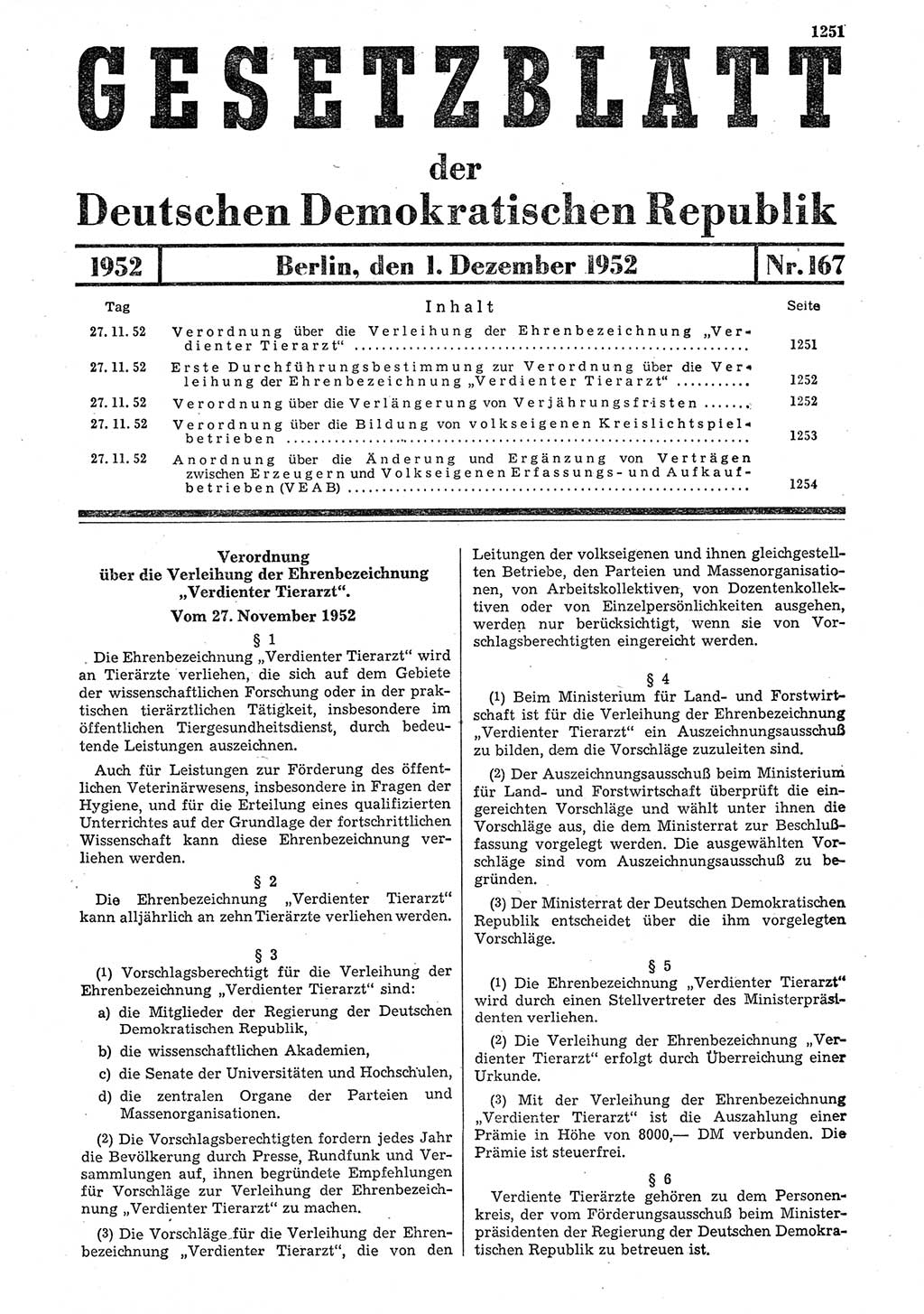Gesetzblatt (GBl.) der Deutschen Demokratischen Republik (DDR) 1952, Seite 1251 (GBl. DDR 1952, S. 1251)