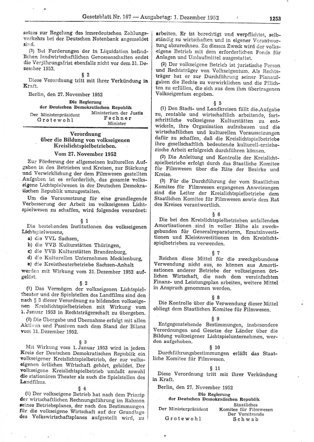 Gesetzblatt (GBl.) der Deutschen Demokratischen Republik (DDR) 1952, Seite 1253 (GBl. DDR 1952, S. 1253)