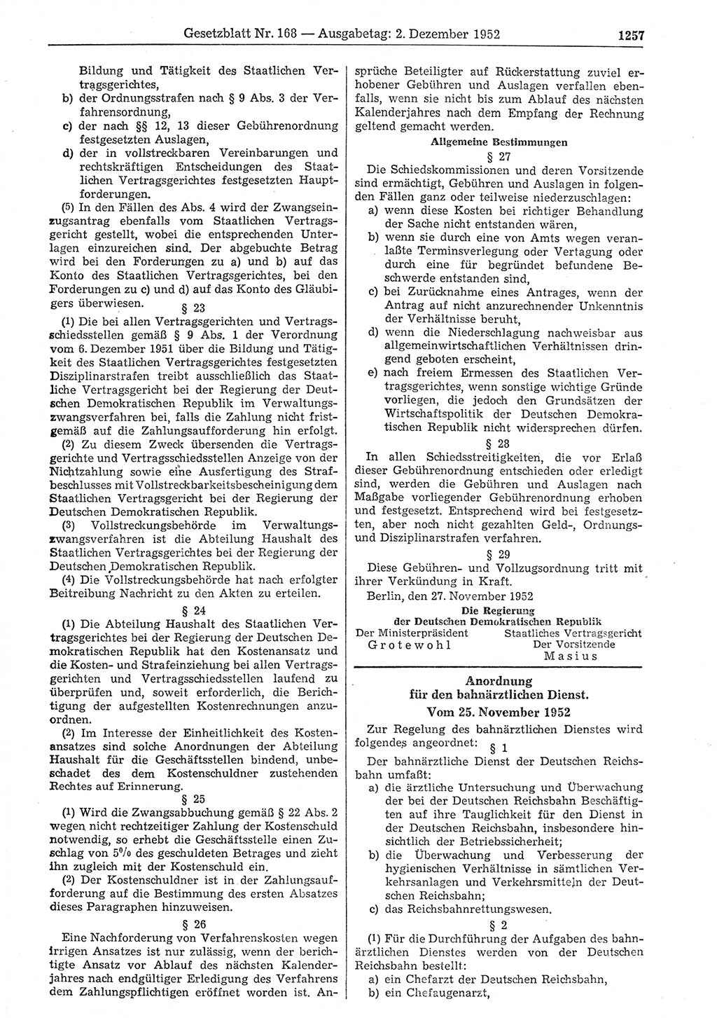 Gesetzblatt (GBl.) der Deutschen Demokratischen Republik (DDR) 1952, Seite 1257 (GBl. DDR 1952, S. 1257)