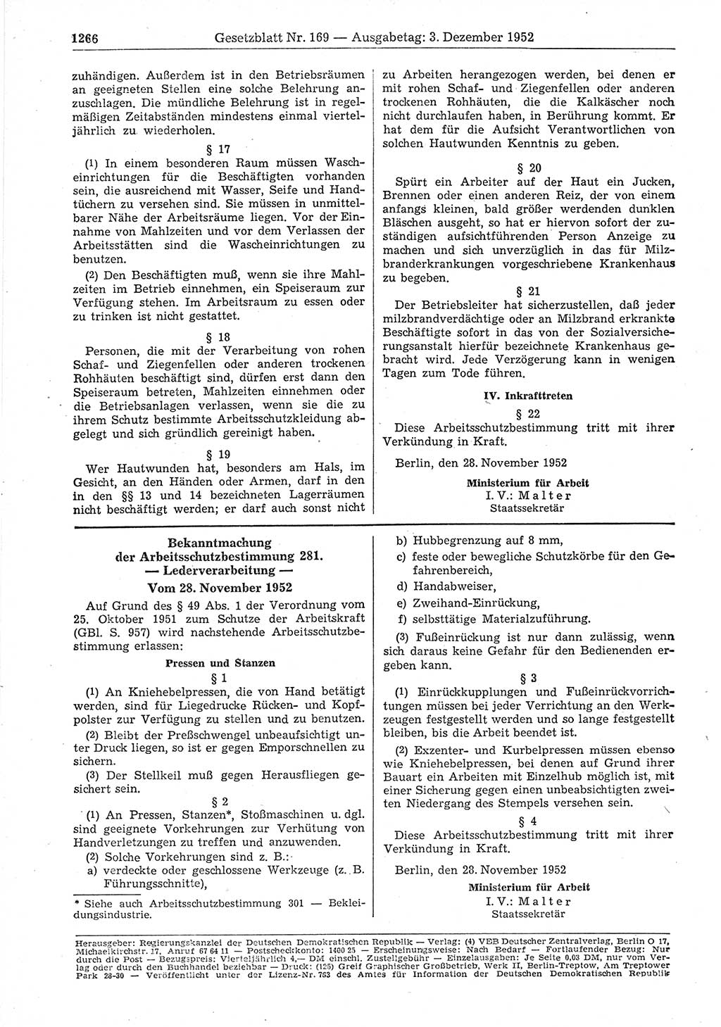 Gesetzblatt (GBl.) der Deutschen Demokratischen Republik (DDR) 1952, Seite 1266 (GBl. DDR 1952, S. 1266)
