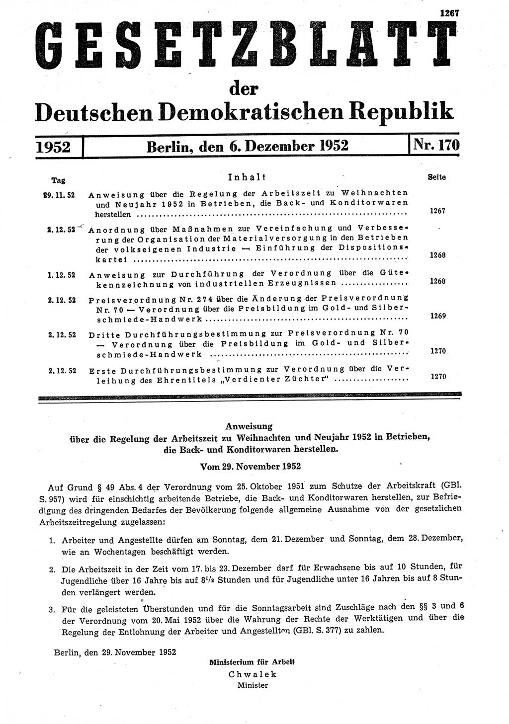 Gesetzblatt (GBl.) der Deutschen Demokratischen Republik (DDR) 1952, Seite 1267 (GBl. DDR 1952, S. 1267)