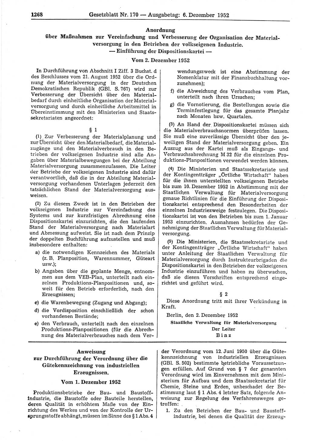 Gesetzblatt (GBl.) der Deutschen Demokratischen Republik (DDR) 1952, Seite 1268 (GBl. DDR 1952, S. 1268)