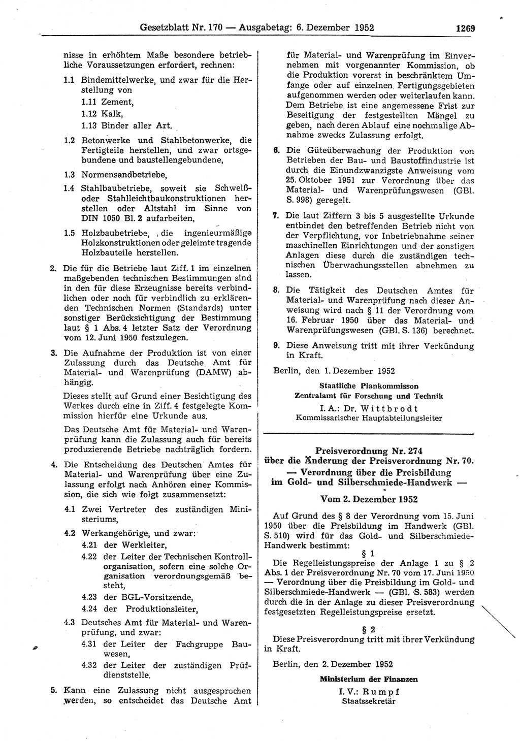Gesetzblatt (GBl.) der Deutschen Demokratischen Republik (DDR) 1952, Seite 1269 (GBl. DDR 1952, S. 1269)