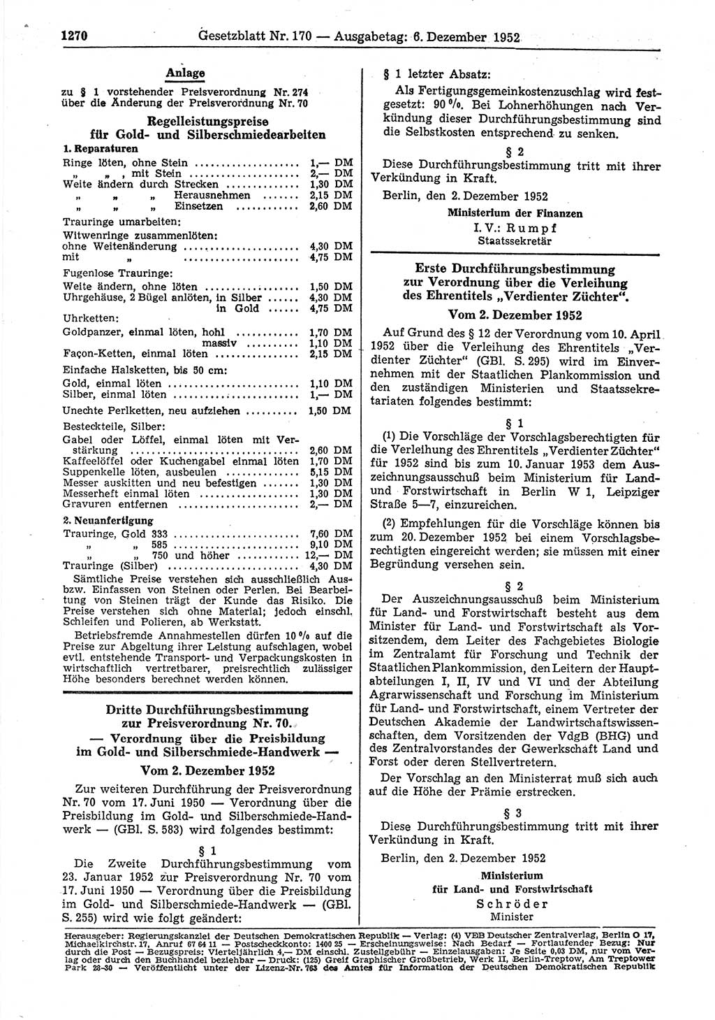 Gesetzblatt (GBl.) der Deutschen Demokratischen Republik (DDR) 1952, Seite 1270 (GBl. DDR 1952, S. 1270)