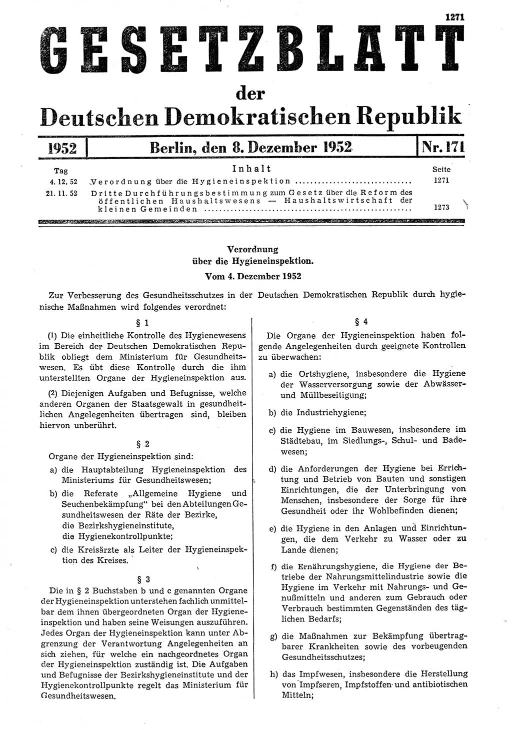 Gesetzblatt (GBl.) der Deutschen Demokratischen Republik (DDR) 1952, Seite 1271 (GBl. DDR 1952, S. 1271)