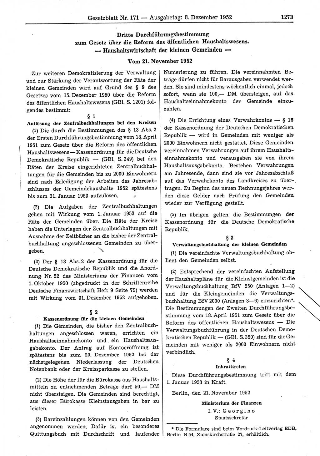 Gesetzblatt (GBl.) der Deutschen Demokratischen Republik (DDR) 1952, Seite 1273 (GBl. DDR 1952, S. 1273)