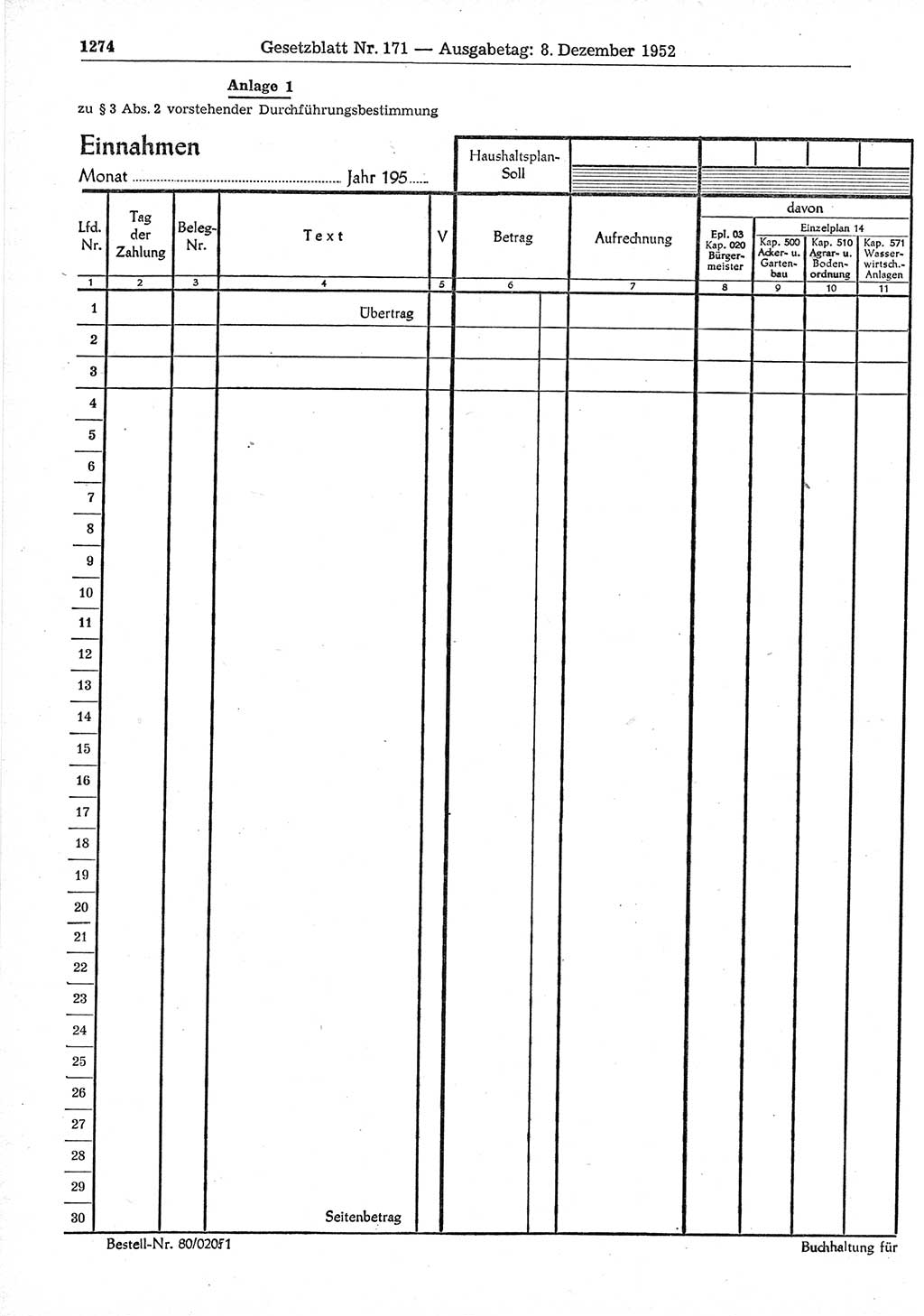 Gesetzblatt (GBl.) der Deutschen Demokratischen Republik (DDR) 1952, Seite 1274 (GBl. DDR 1952, S. 1274)