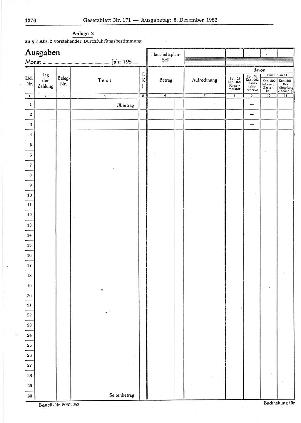 Gesetzblatt (GBl.) der Deutschen Demokratischen Republik (DDR) 1952, Seite 1276 (GBl. DDR 1952, S. 1276)