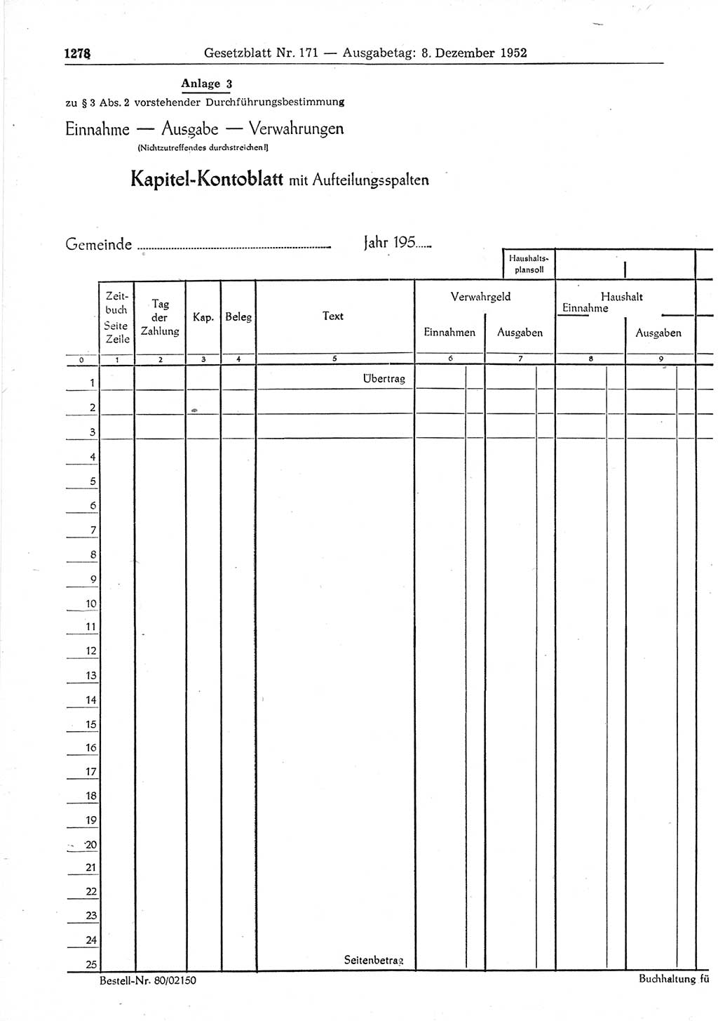 Gesetzblatt (GBl.) der Deutschen Demokratischen Republik (DDR) 1952, Seite 1278 (GBl. DDR 1952, S. 1278)