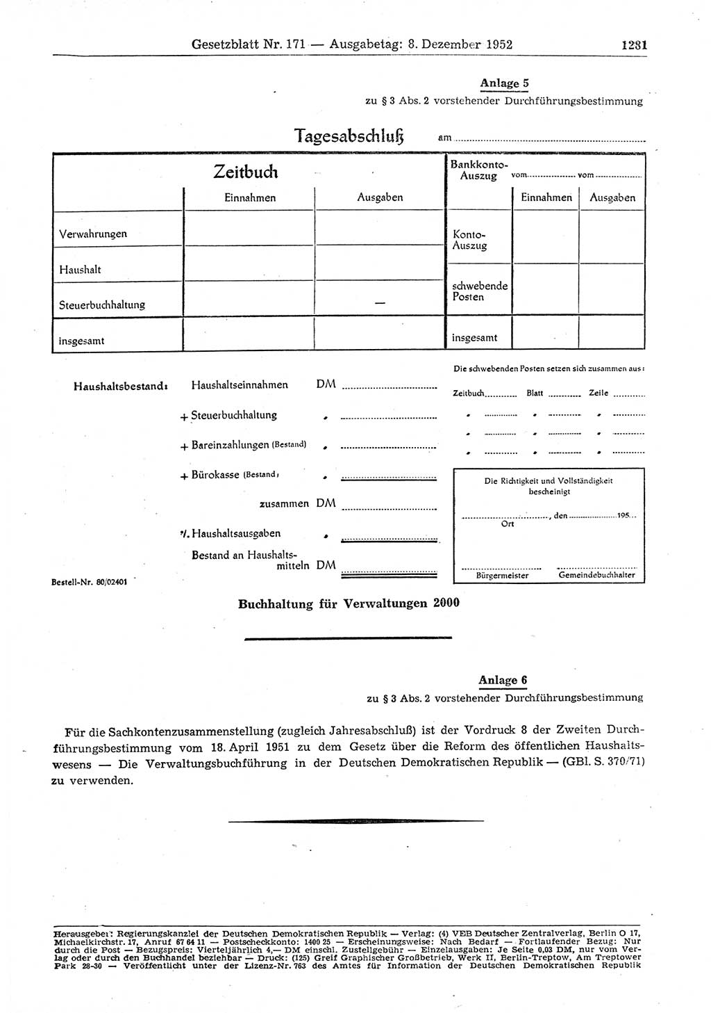 Gesetzblatt (GBl.) der Deutschen Demokratischen Republik (DDR) 1952, Seite 1281 (GBl. DDR 1952, S. 1281)