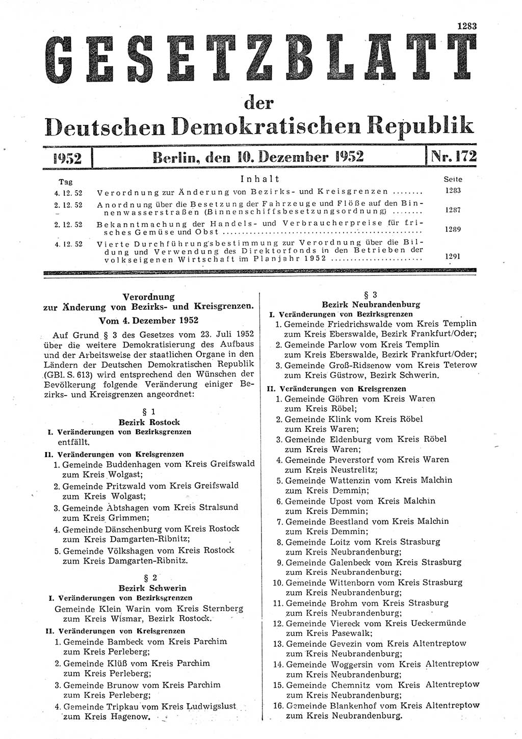 Gesetzblatt (GBl.) der Deutschen Demokratischen Republik (DDR) 1952, Seite 1283 (GBl. DDR 1952, S. 1283)
