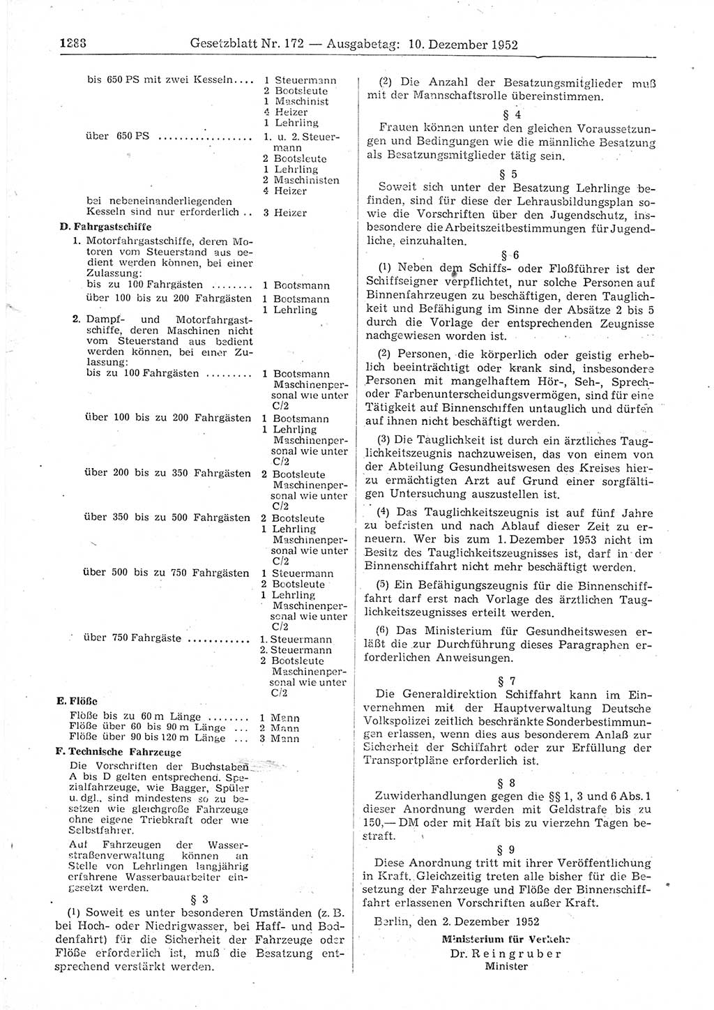 Gesetzblatt (GBl.) der Deutschen Demokratischen Republik (DDR) 1952, Seite 1288 (GBl. DDR 1952, S. 1288)