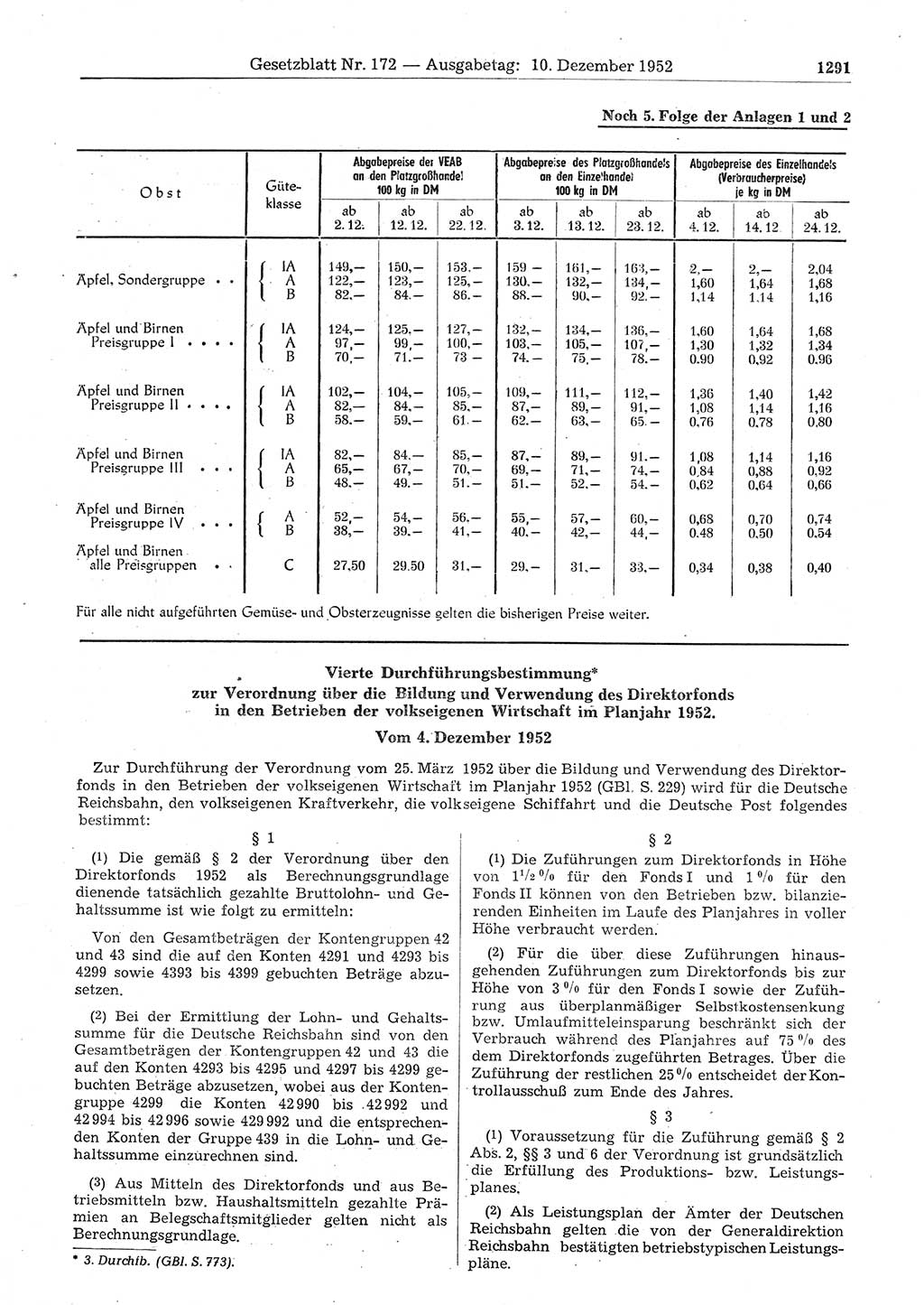Gesetzblatt (GBl.) der Deutschen Demokratischen Republik (DDR) 1952, Seite 1291 (GBl. DDR 1952, S. 1291)