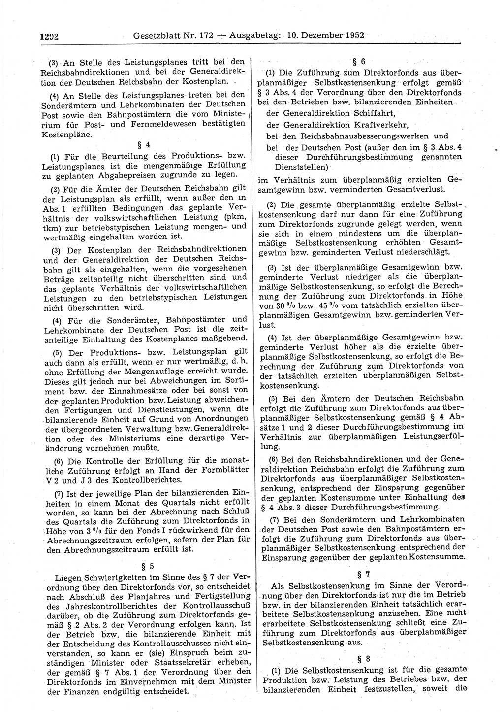 Gesetzblatt (GBl.) der Deutschen Demokratischen Republik (DDR) 1952, Seite 1292 (GBl. DDR 1952, S. 1292)