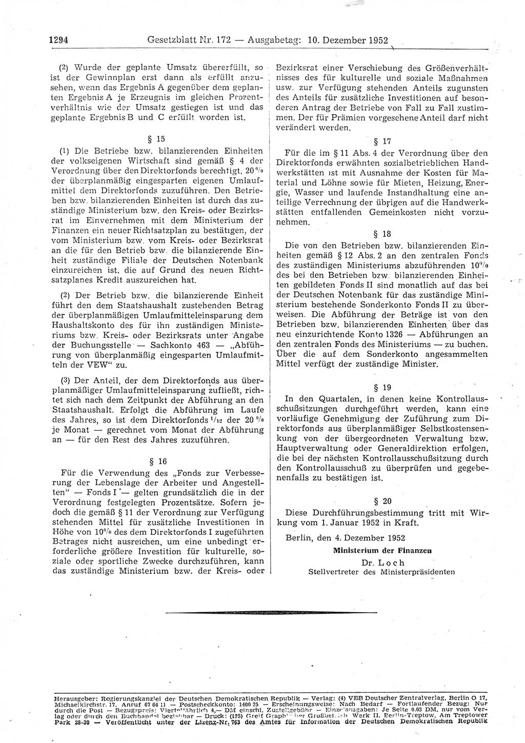 Gesetzblatt (GBl.) der Deutschen Demokratischen Republik (DDR) 1952, Seite 1294 (GBl. DDR 1952, S. 1294)