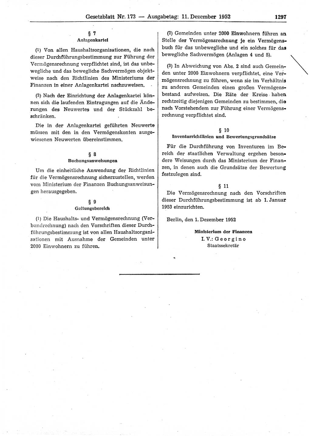 Gesetzblatt (GBl.) der Deutschen Demokratischen Republik (DDR) 1952, Seite 1297 (GBl. DDR 1952, S. 1297)