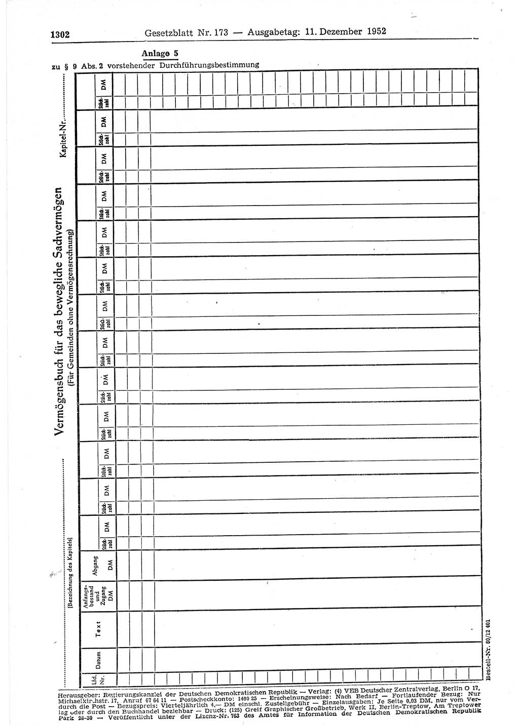 Gesetzblatt (GBl.) der Deutschen Demokratischen Republik (DDR) 1952, Seite 1302 (GBl. DDR 1952, S. 1302)