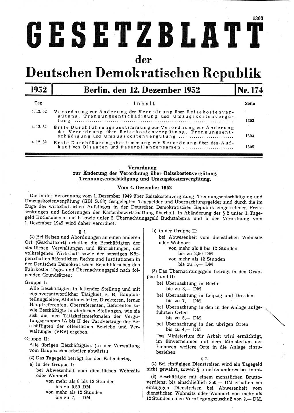 Gesetzblatt (GBl.) der Deutschen Demokratischen Republik (DDR) 1952, Seite 1303 (GBl. DDR 1952, S. 1303)