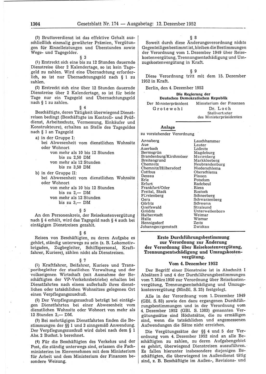 Gesetzblatt (GBl.) der Deutschen Demokratischen Republik (DDR) 1952, Seite 1304 (GBl. DDR 1952, S. 1304)