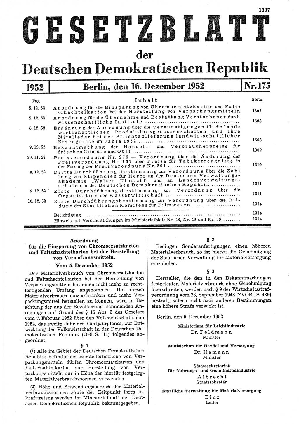 Gesetzblatt (GBl.) der Deutschen Demokratischen Republik (DDR) 1952, Seite 1307 (GBl. DDR 1952, S. 1307)