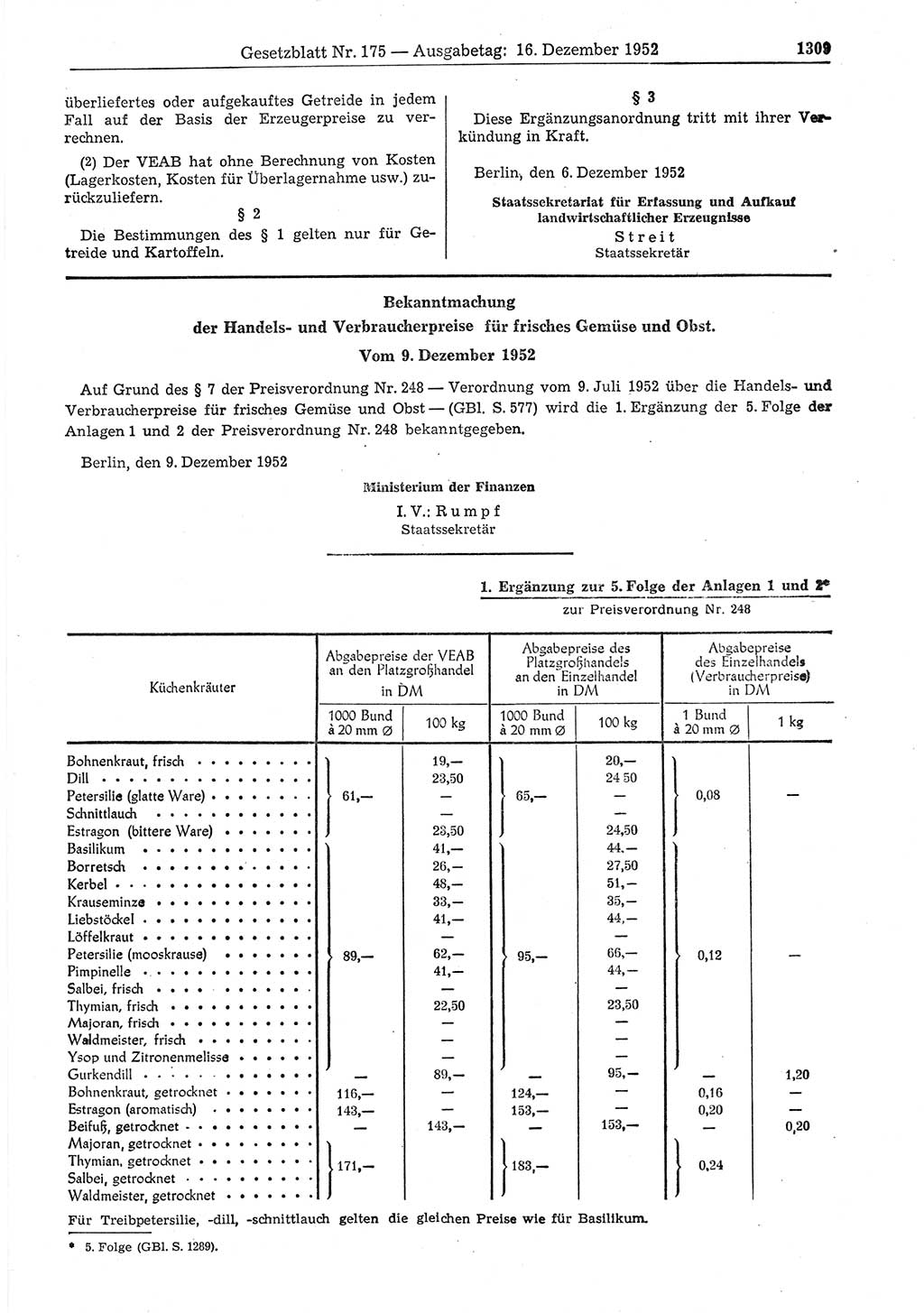 Gesetzblatt (GBl.) der Deutschen Demokratischen Republik (DDR) 1952, Seite 1309 (GBl. DDR 1952, S. 1309)