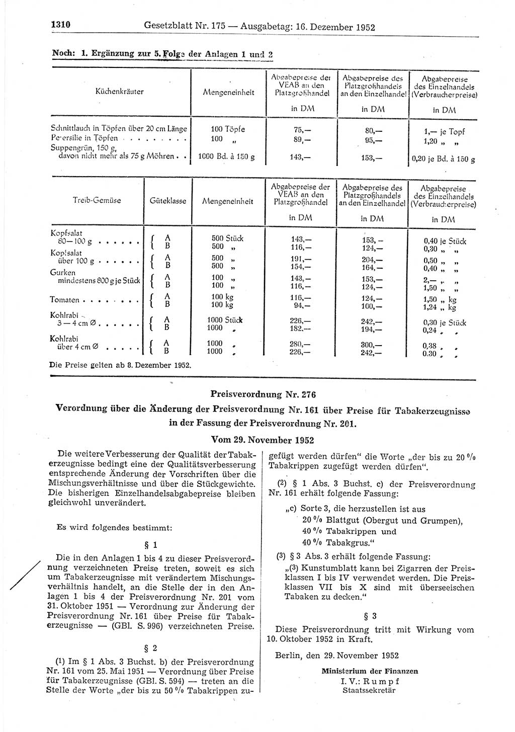 Gesetzblatt (GBl.) der Deutschen Demokratischen Republik (DDR) 1952, Seite 1310 (GBl. DDR 1952, S. 1310)