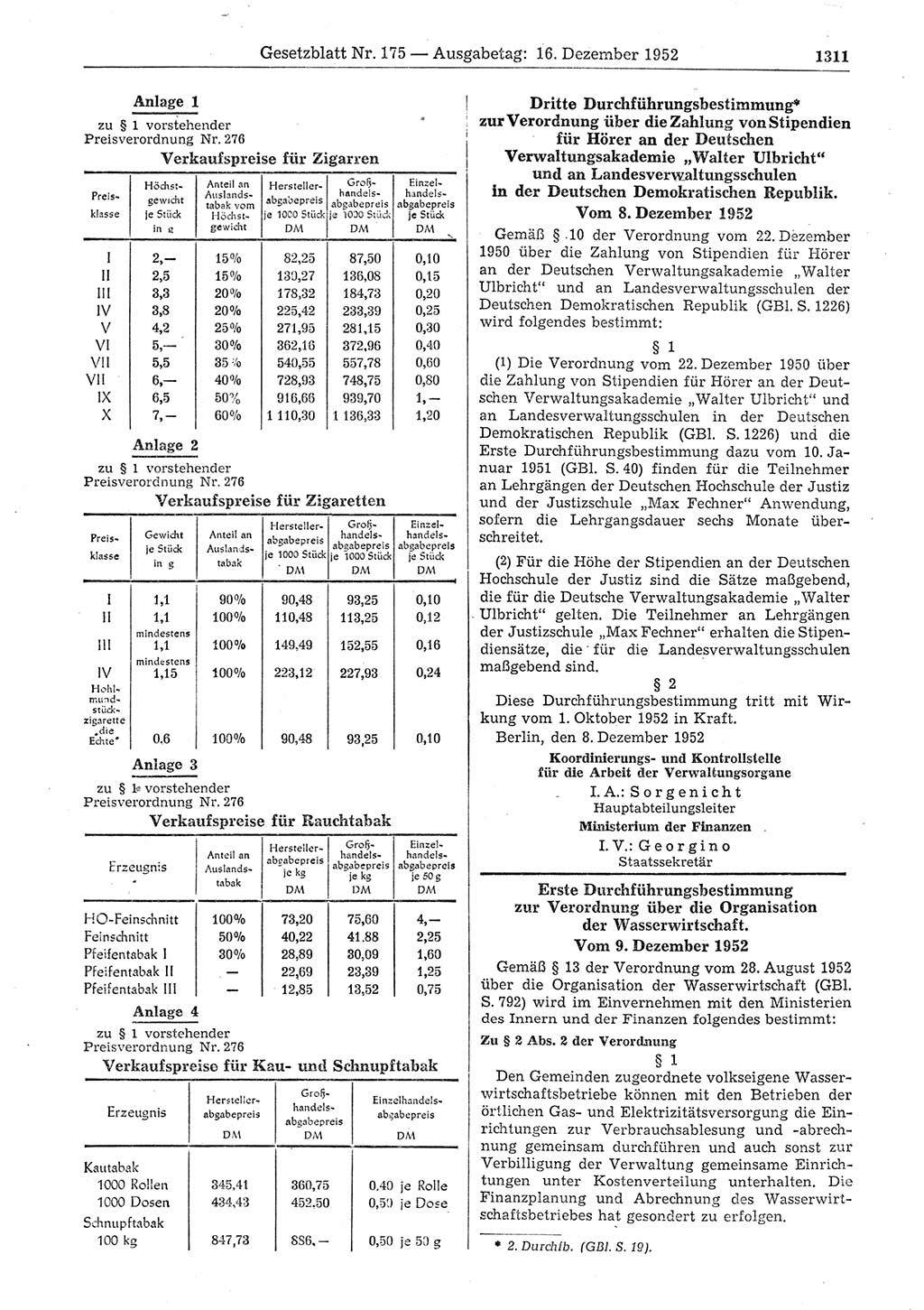 Gesetzblatt (GBl.) der Deutschen Demokratischen Republik (DDR) 1952, Seite 1311 (GBl. DDR 1952, S. 1311)