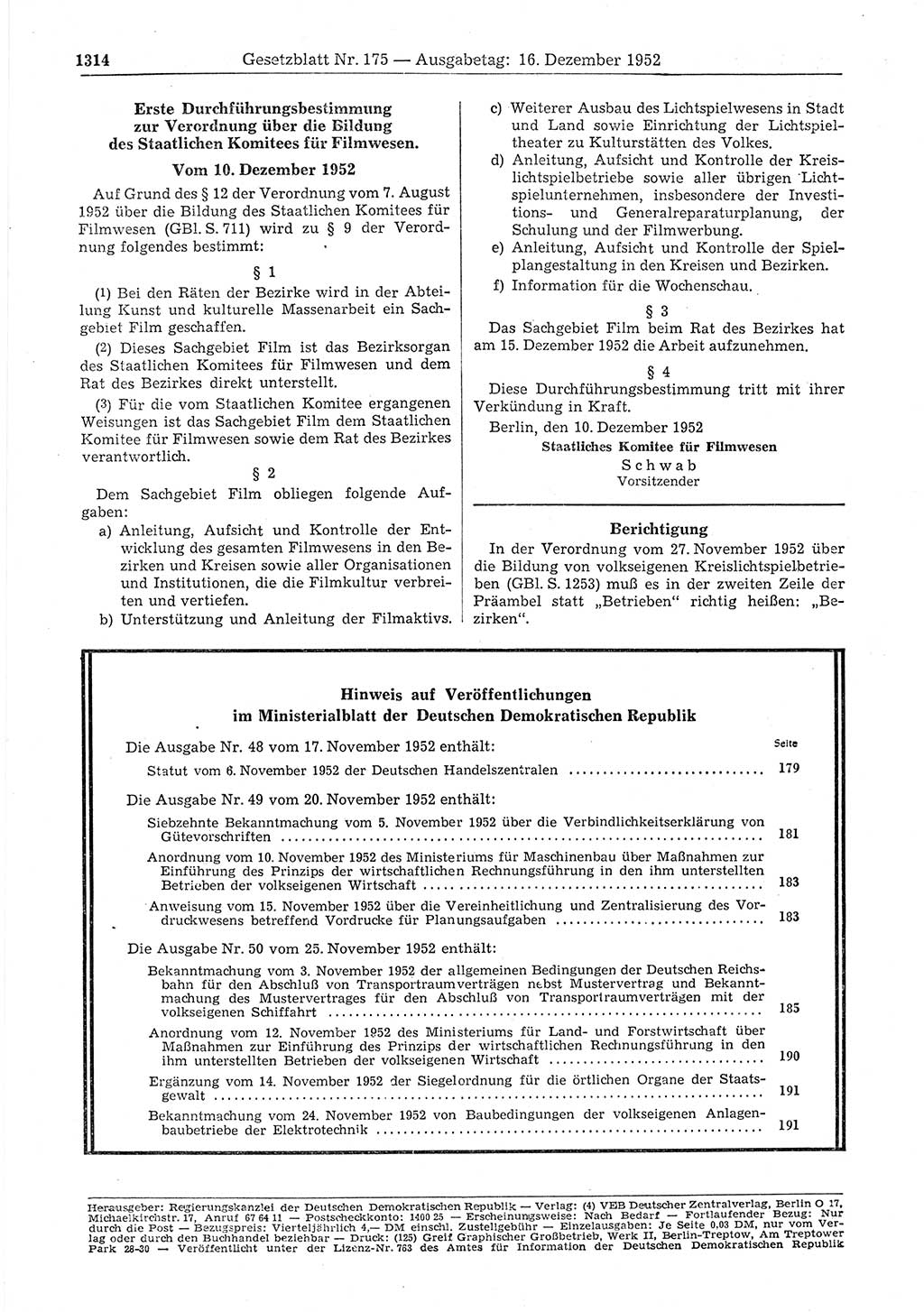 Gesetzblatt (GBl.) der Deutschen Demokratischen Republik (DDR) 1952, Seite 1314 (GBl. DDR 1952, S. 1314)