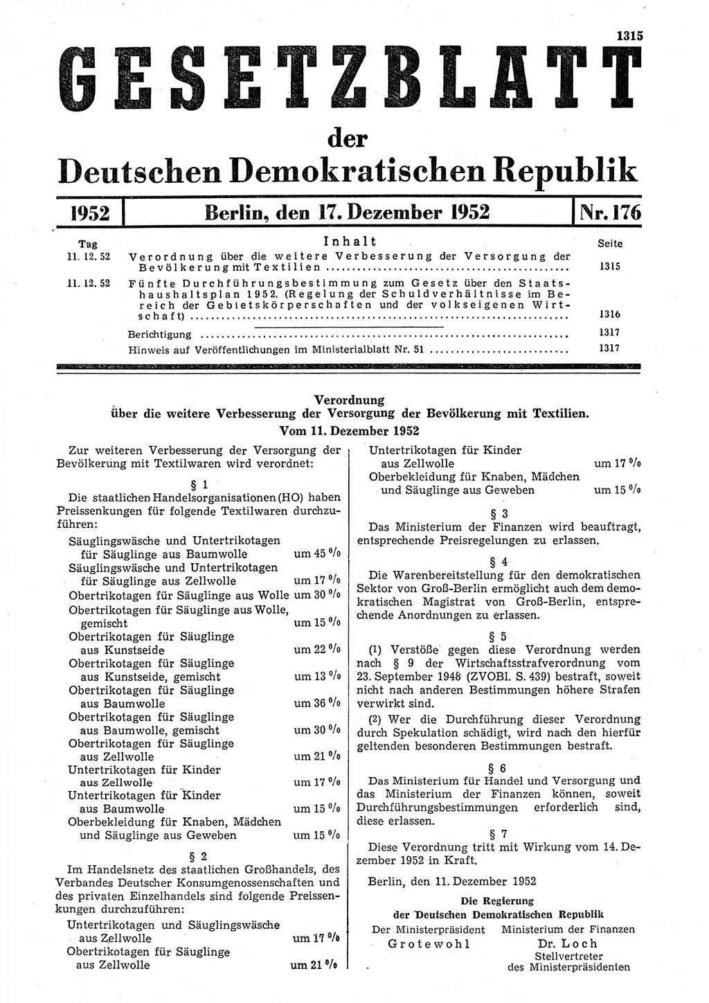 Gesetzblatt (GBl.) der Deutschen Demokratischen Republik (DDR) 1952, Seite 1315 (GBl. DDR 1952, S. 1315)