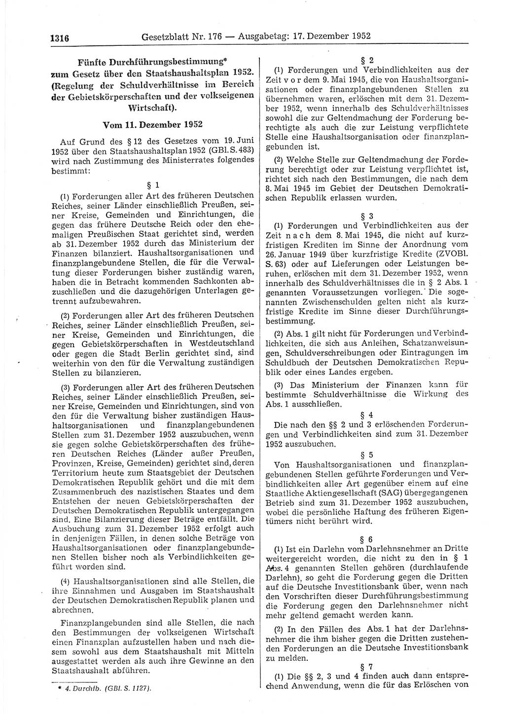 Gesetzblatt (GBl.) der Deutschen Demokratischen Republik (DDR) 1952, Seite 1316 (GBl. DDR 1952, S. 1316)