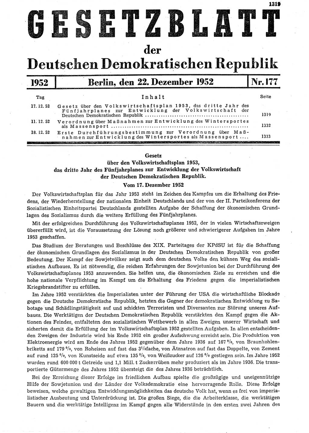 Gesetzblatt (GBl.) der Deutschen Demokratischen Republik (DDR) 1952, Seite 1319 (GBl. DDR 1952, S. 1319)