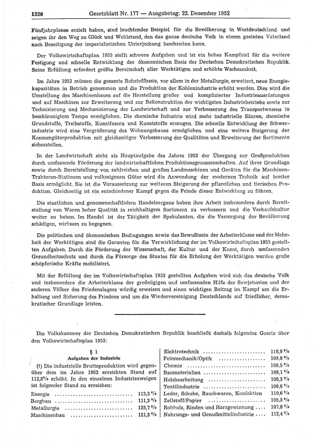 Gesetzblatt (GBl.) der Deutschen Demokratischen Republik (DDR) 1952, Seite 1320 (GBl. DDR 1952, S. 1320)