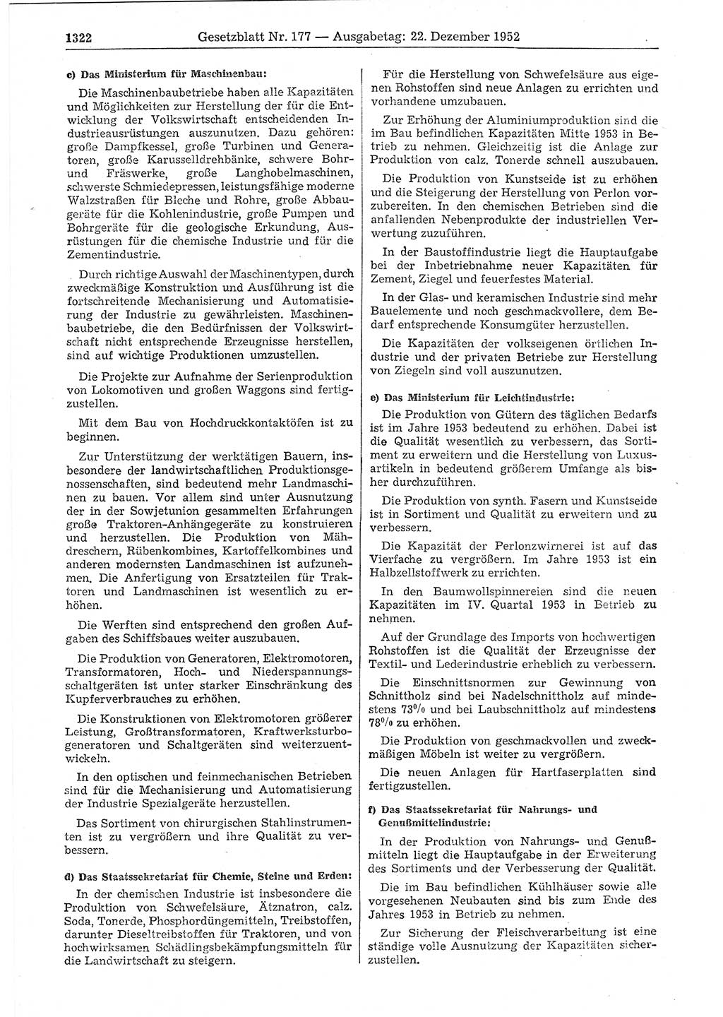 Gesetzblatt (GBl.) der Deutschen Demokratischen Republik (DDR) 1952, Seite 1322 (GBl. DDR 1952, S. 1322)