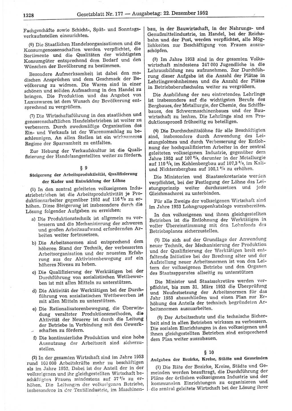 Gesetzblatt (GBl.) der Deutschen Demokratischen Republik (DDR) 1952, Seite 1328 (GBl. DDR 1952, S. 1328)