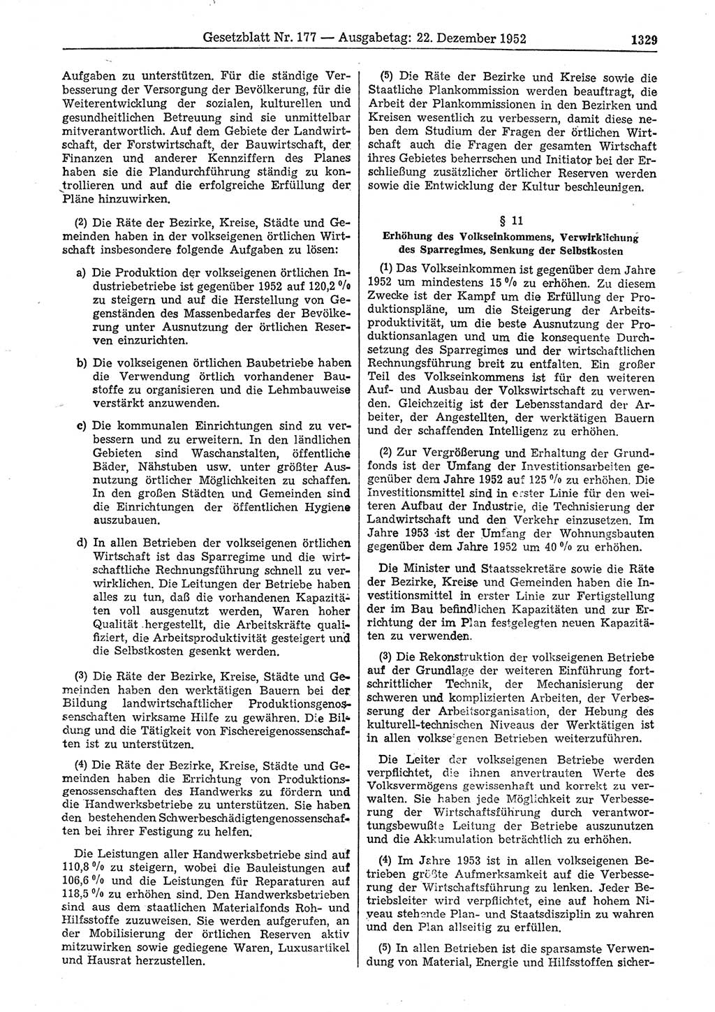 Gesetzblatt (GBl.) der Deutschen Demokratischen Republik (DDR) 1952, Seite 1329 (GBl. DDR 1952, S. 1329)