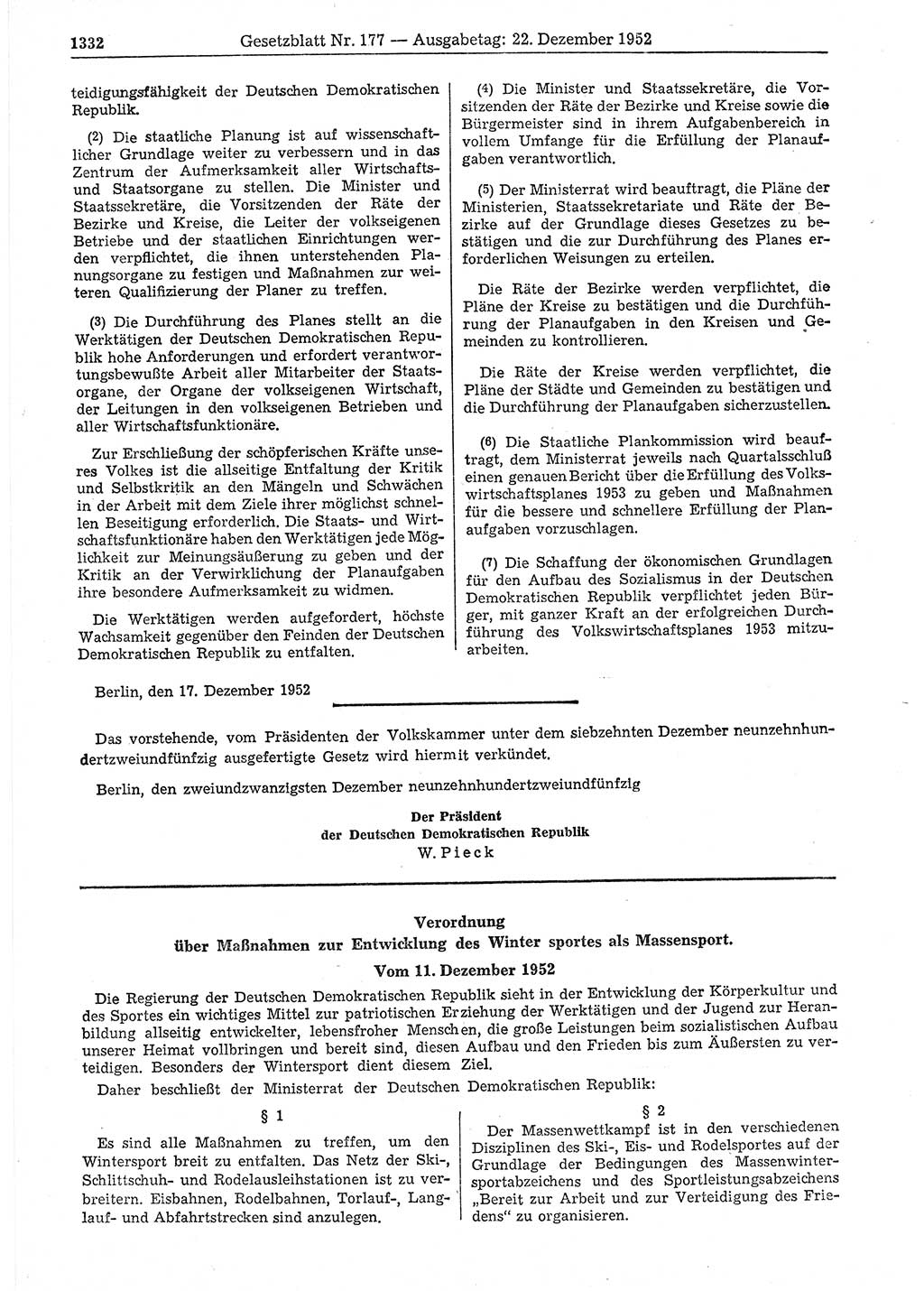 Gesetzblatt (GBl.) der Deutschen Demokratischen Republik (DDR) 1952, Seite 1332 (GBl. DDR 1952, S. 1332)