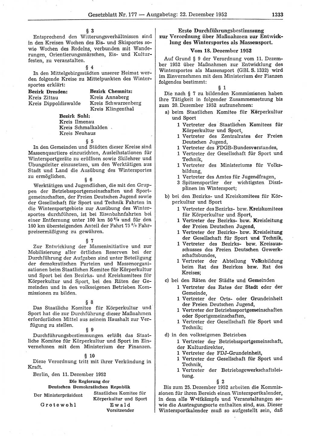 Gesetzblatt (GBl.) der Deutschen Demokratischen Republik (DDR) 1952, Seite 1333 (GBl. DDR 1952, S. 1333)