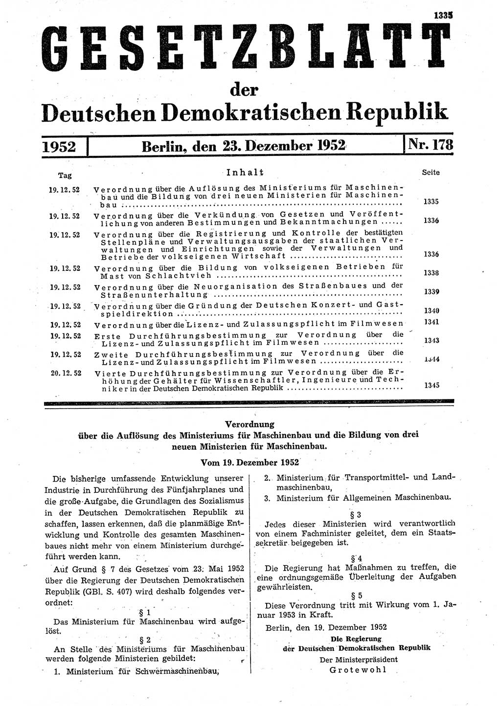 Gesetzblatt (GBl.) der Deutschen Demokratischen Republik (DDR) 1952, Seite 1335 (GBl. DDR 1952, S. 1335)