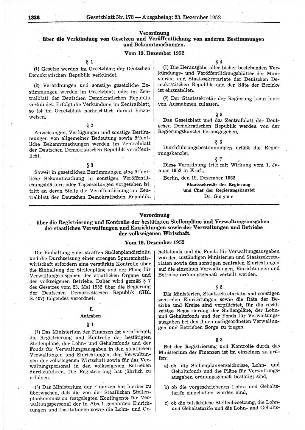 Gesetzblatt (GBl.) der Deutschen Demokratischen Republik (DDR) 1952, Seite 1336 (GBl. DDR 1952, S. 1336)