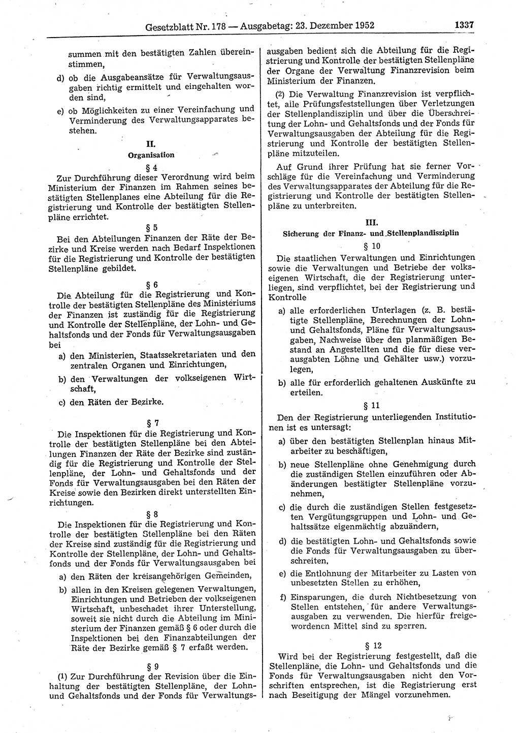 Gesetzblatt (GBl.) der Deutschen Demokratischen Republik (DDR) 1952, Seite 1337 (GBl. DDR 1952, S. 1337)